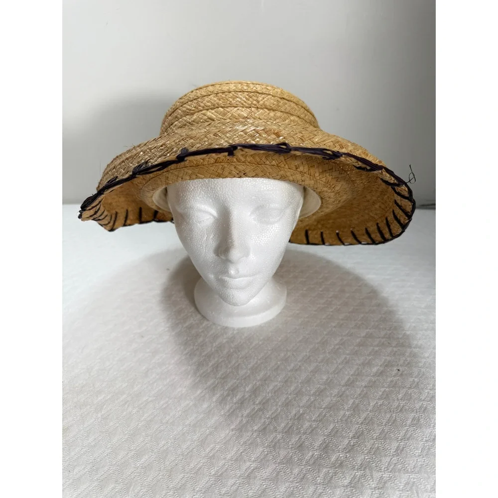 Liz Claiborne Women Natural Straw Sun Hat Wide Brim Whipstitch Detail Tan Brown